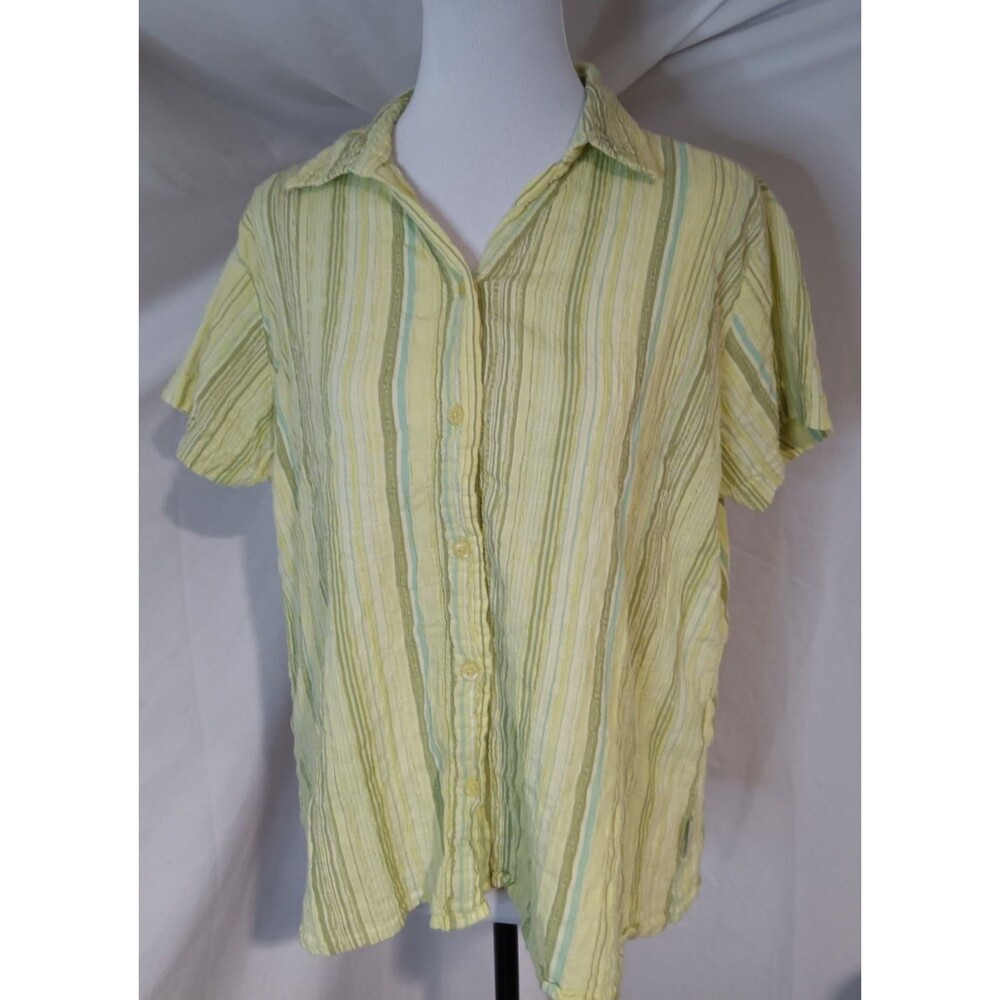 Woolrich Womens Large Striped Yellow Green Button Down VTG Textured Earthy Tones
